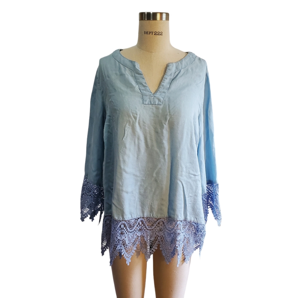 New Directions Women's Blue Lace Accent Boho Top‎ Size XL